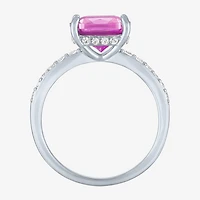 Womens Lab Created Gemstone Sterling Silver Side Stone Solitaire Cushion Cocktail Ring
