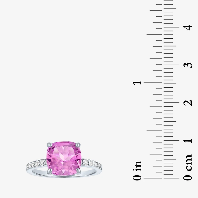 Womens Lab Created Gemstone Sterling Silver Side Stone Solitaire Cushion Cocktail Ring