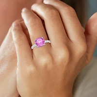 Womens Lab Created Gemstone Sterling Silver Side Stone Solitaire Cushion Cocktail Ring