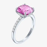 Womens Lab Created Gemstone Sterling Silver Side Stone Solitaire Cushion Cocktail Ring
