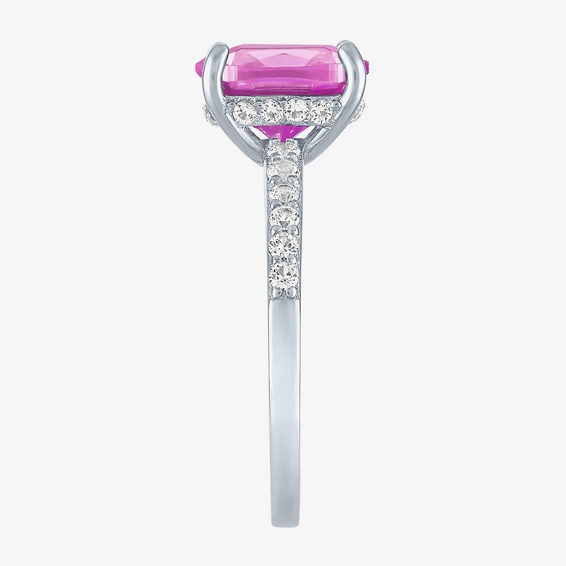 Womens Lab Created Gemstone Sterling Silver Side Stone Solitaire Cushion Cocktail Ring
