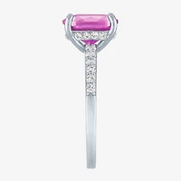 Womens Lab Created Gemstone Sterling Silver Side Stone Solitaire Cushion Cocktail Ring