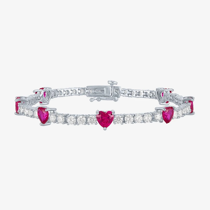 Gemstone Pure Silver Over Brass Heart 7.5 Inch Tennis Bracelet