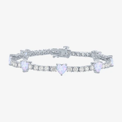 Gemstone Pure Silver Over Brass Heart 7.5 Inch Tennis Bracelet