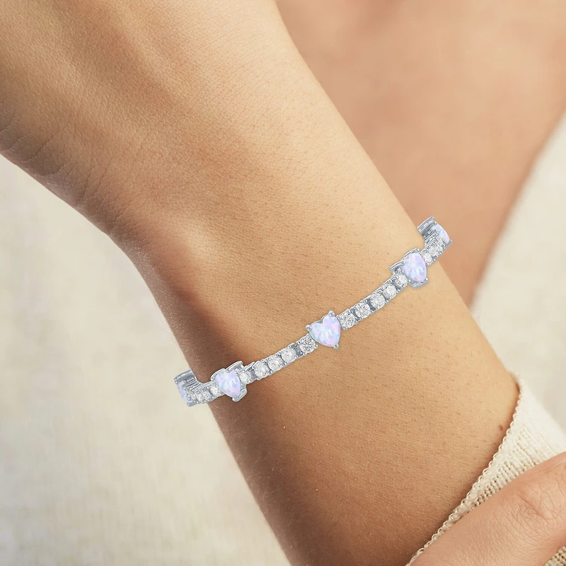 Gemstone Pure Silver Over Brass Heart 7.5 Inch Tennis Bracelet