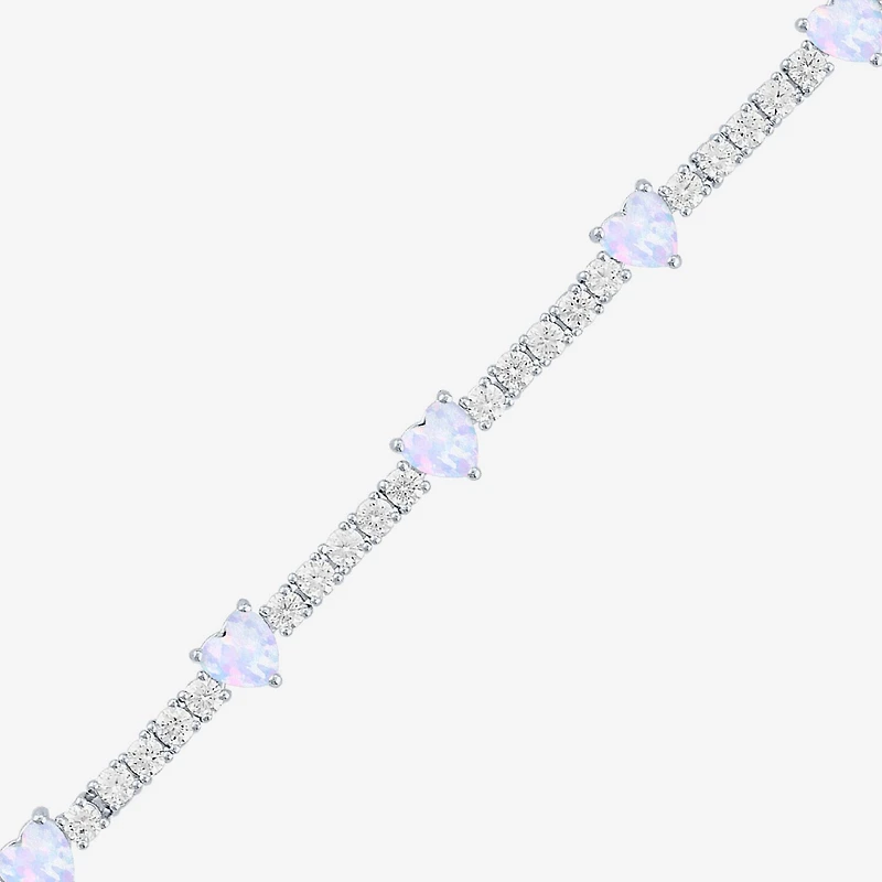 Gemstone Pure Silver Over Brass Heart 7.5 Inch Tennis Bracelet