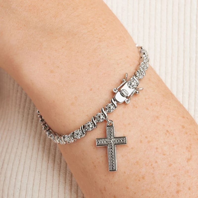 Sparkle Allure Womens Natural White Diamond Accent Pure Silver Over Bronze Cross 7.25 Inch Tennis Bracelet