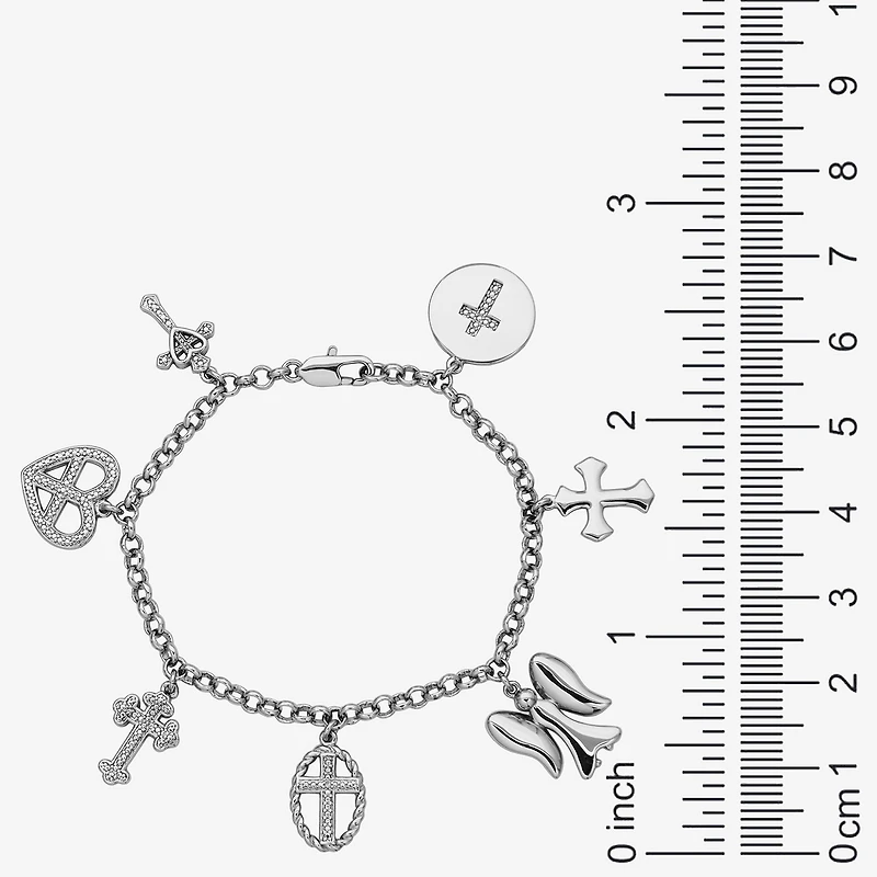 Sparkle Allure Womens Natural White Diamond Accent Pure Silver Over Bronze Angel Cross Heart Charm Bracelet