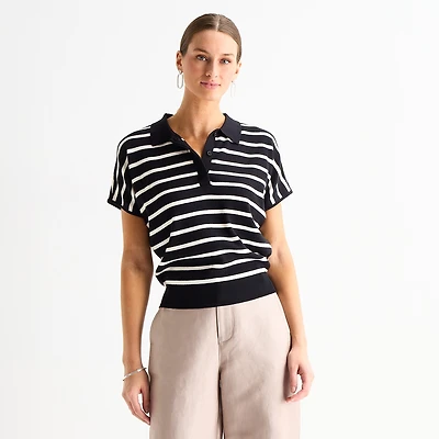 Worthington Womens V Neck Short Sleeve Polo Sweater