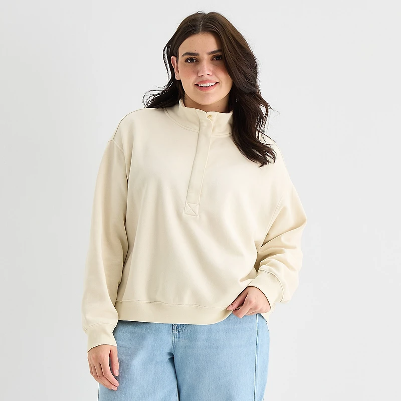a.n.a Womens Plus Henley Neck Long Sleeve Sweatshirt