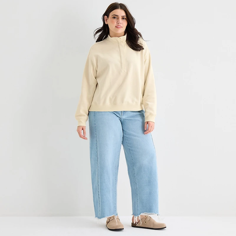 a.n.a Womens Plus Henley Neck Long Sleeve Sweatshirt