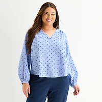 Liz Claiborne Womens Plus V Neck Long Sleeve Blouse