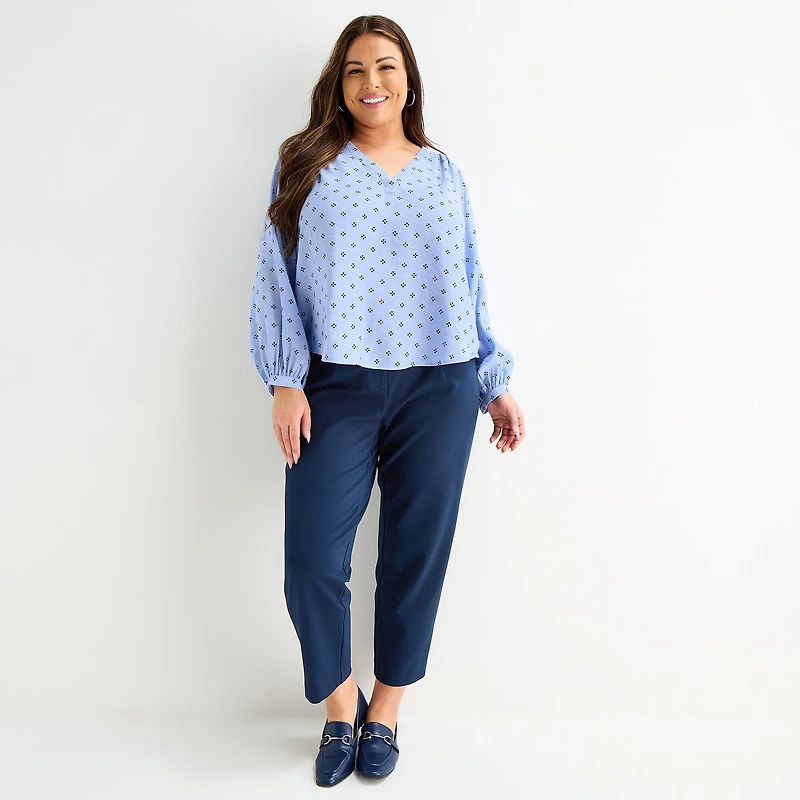 Liz Claiborne Womens Plus V Neck Long Sleeve Blouse
