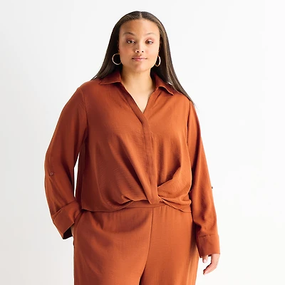 Bold Elements Womens Plus Y Neck Long Sleeve Blouse