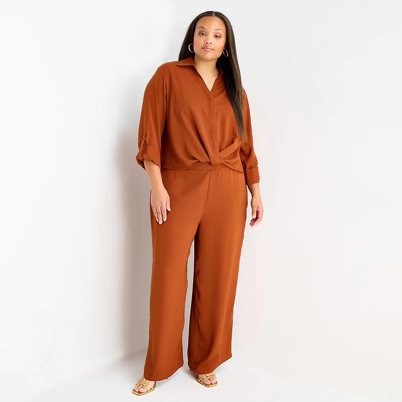 Bold Elements Womens Plus Y Neck Long Sleeve Blouse