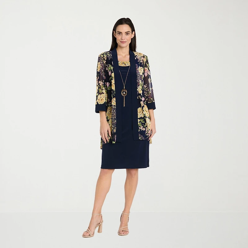 R & M Richards Womens Floral Jacket Dress With Removable Necklace