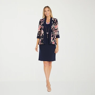 R & M Richards Womens Floral Jacket Dress With Removable Necklace