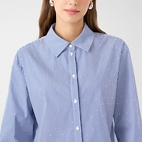RM Rebecca Minkoff Womens Long Sleeve Boxy Fit Embellished Button-Down Shirt