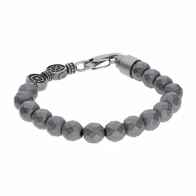 Mens Gray Hematite Stainless Steel Beaded Bracelet