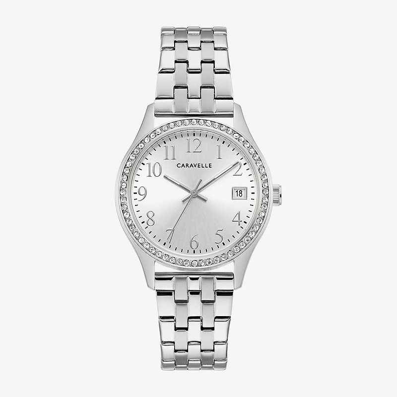 Caravelle Designed By Bulova Womens Crystal Accent Silver Tone Stainless Steel 2-pc. Watch Boxed Set 43x104