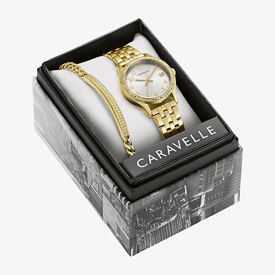 Caravelle Designed By Bulova Womens Crystal Accent Gold Tone Stainless Steel 2-pc. Watch Boxed Set 44x101