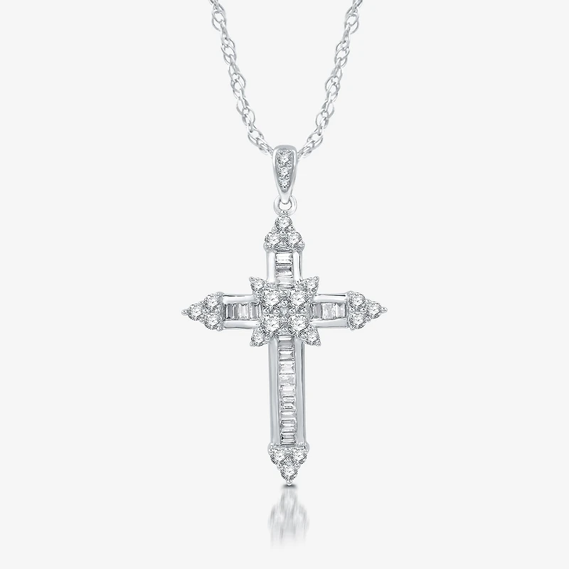(H-I / I1) Womens 1 CT. T.W. Lab Grown White Diamond 10K Gold Cross 18 Inch Pendant Necklace
