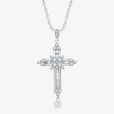 (H-I / I1) Womens 1 CT. T.W. Lab Grown White Diamond 10K Gold Cross 18 Inch Pendant Necklace