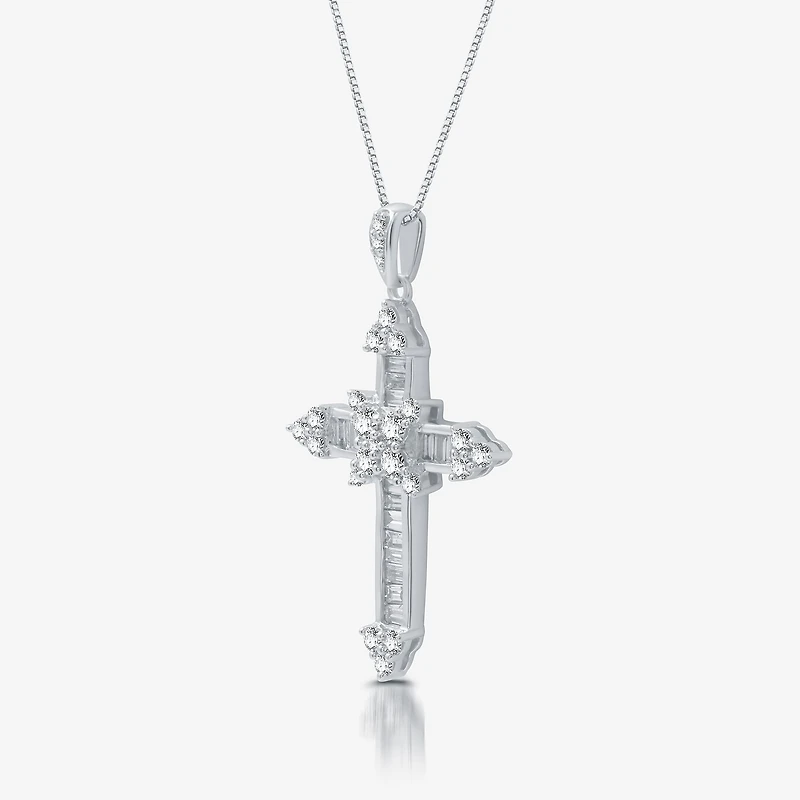 (H-I / I1) Womens 1 CT. T.W. Lab Grown White Diamond 10K Gold Cross 18 Inch Pendant Necklace