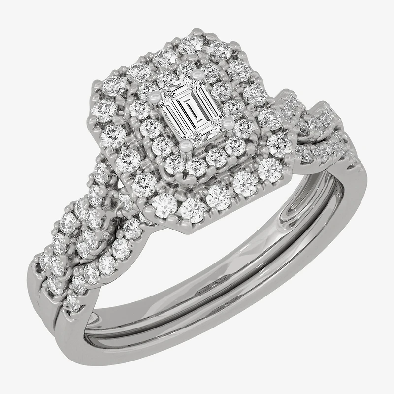 H-I / Si1-Si2) Womens / CT. T.W. Lab Grown White Diamond 10K Gold Cushion Side Stone Halo Bridal Set