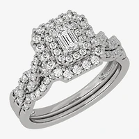 H-I / Si1-Si2) Womens / CT. T.W. Lab Grown White Diamond 10K Gold Cushion Side Stone Halo Bridal Set