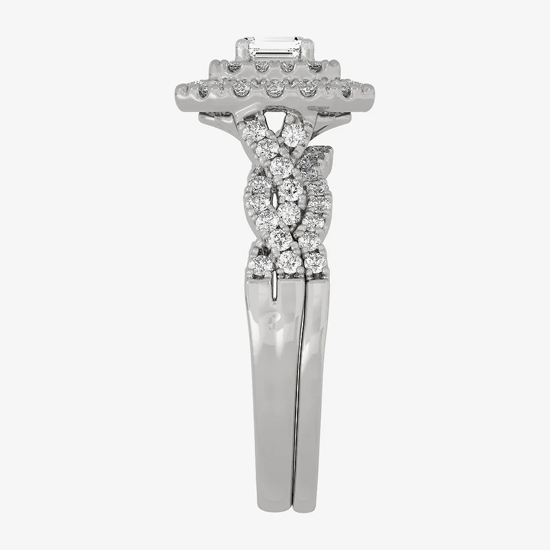 H-I / Si1-Si2) Womens / CT. T.W. Lab Grown White Diamond 10K Gold Cushion Side Stone Halo Bridal Set
