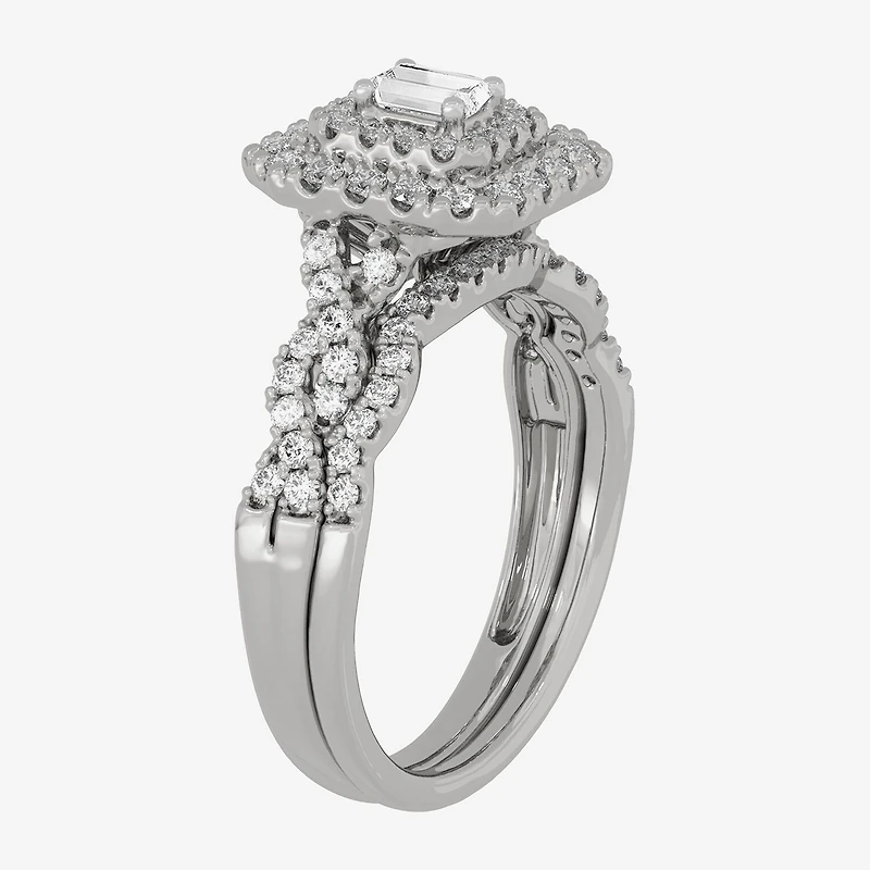 H-I / Si1-Si2) Womens / CT. T.W. Lab Grown White Diamond 10K Gold Cushion Side Stone Halo Bridal Set