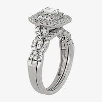 H-I / Si1-Si2) Womens / CT. T.W. Lab Grown White Diamond 10K Gold Cushion Side Stone Halo Bridal Set