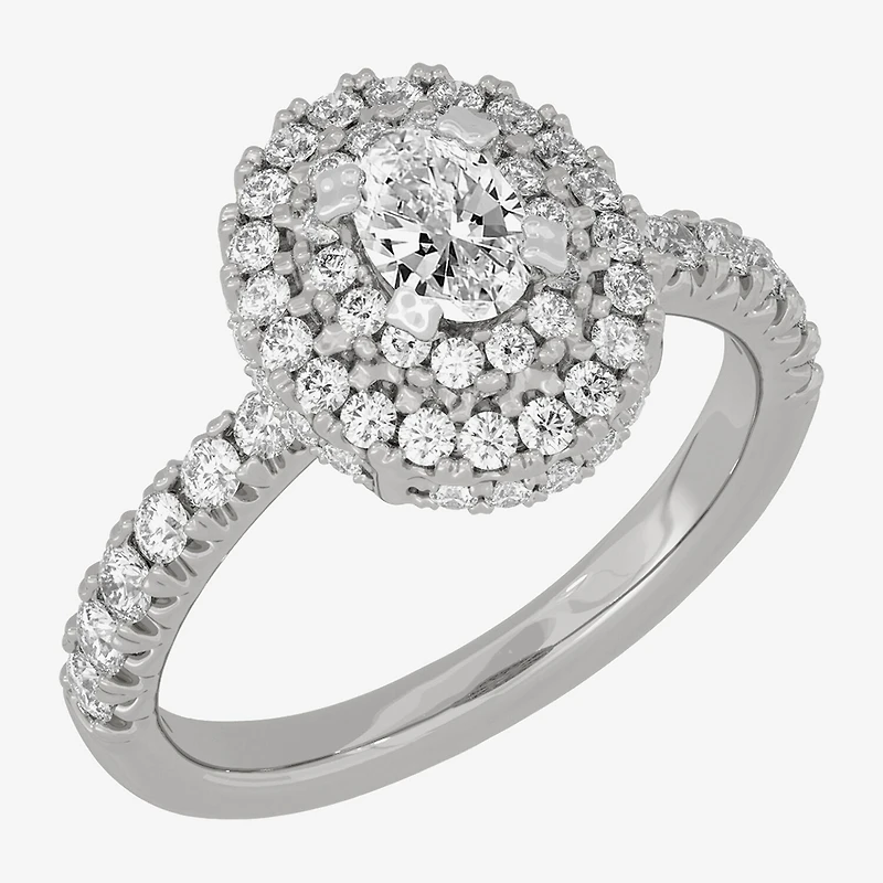 H-I / Si1-Si2) Womens 1 1/ CT. T.W. Lab Grown White Diamond 10K Gold Oval Side Stone Halo Engagement Ring