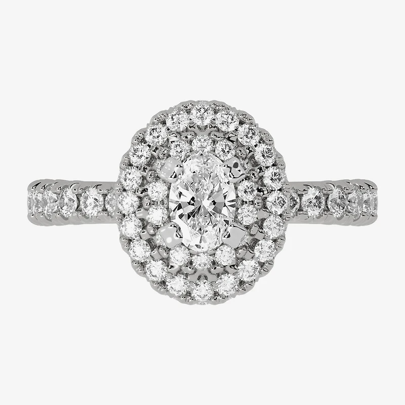 H-I / Si1-Si2) Womens 1 1/ CT. T.W. Lab Grown White Diamond 10K Gold Oval Side Stone Halo Engagement Ring