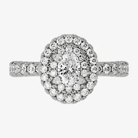 H-I / Si1-Si2) Womens 1 1/ CT. T.W. Lab Grown White Diamond 10K Gold Oval Side Stone Halo Engagement Ring