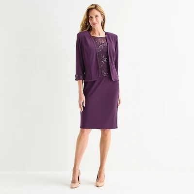 Maya Brooke Womens Fitted Applique Jacket Dress