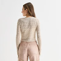 Arizona Womens Crew Neck Long Sleeve Button Juniors Cardigan