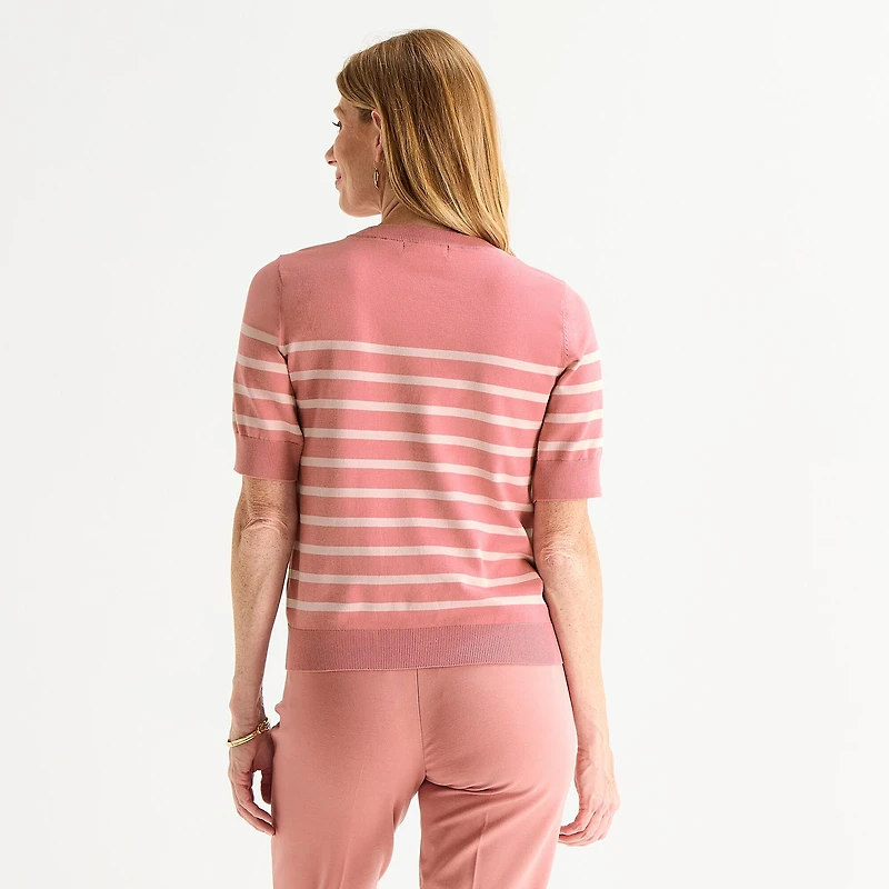Liz Claiborne Womens Crew Neck Short Sleeve Striped Pullover Sweater