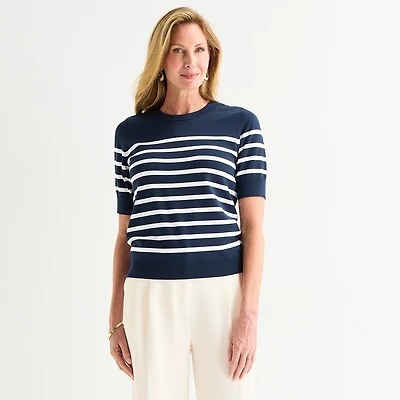 Liz Claiborne Womens Crew Neck Short Sleeve Striped Pullover Sweater