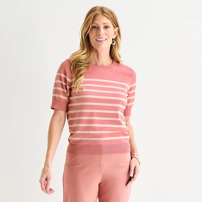 Liz Claiborne Womens Crew Neck Short Sleeve Striped Pullover Sweater