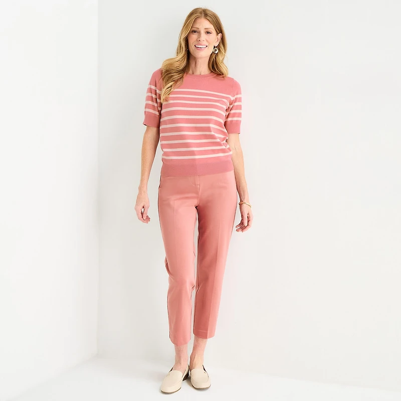 Liz Claiborne Womens Crew Neck Short Sleeve Striped Pullover Sweater