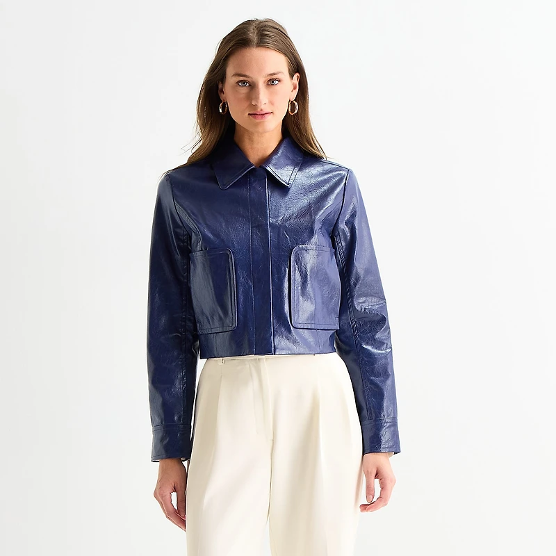 Worthington Womens Faux Leather Midweight Bomber Jacket