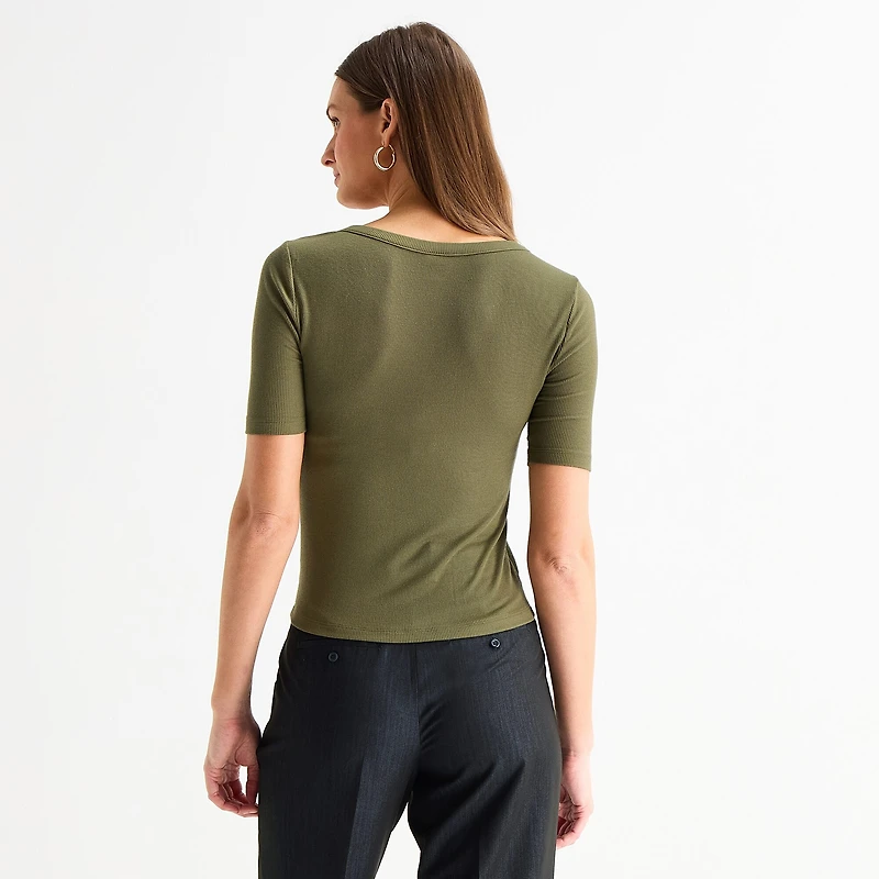 Worthington Womens Elbow Sleeve Regular Fit Henley Shirt