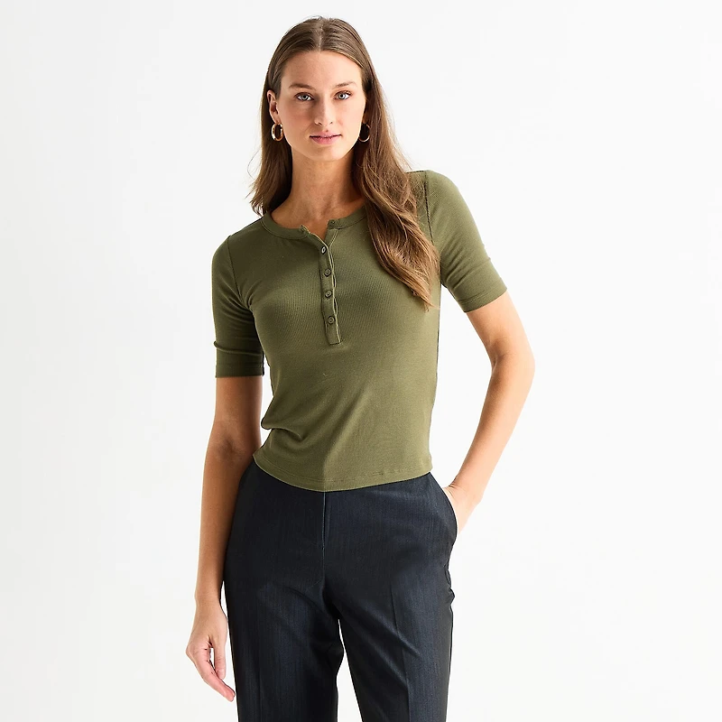 Worthington Womens Elbow Sleeve Regular Fit Henley Shirt