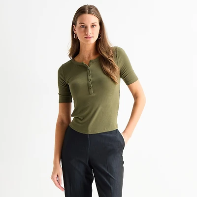 Worthington Womens Elbow Sleeve Regular Fit Henley Shirt