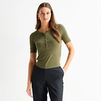 Worthington Womens Elbow Sleeve Regular Fit Henley Shirt