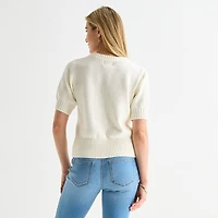 St. John's Bay Womens Crew Neck Short Sleeve Button Cardigan