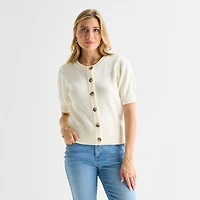 St. John's Bay Womens Crew Neck Short Sleeve Button Cardigan