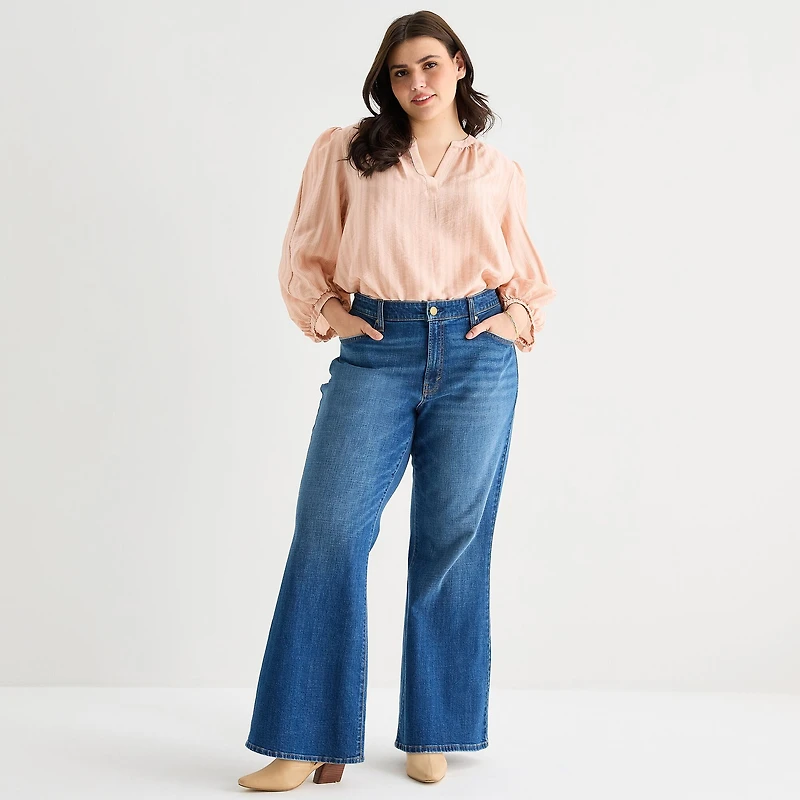a.n.a Womens Plus Y Neck 3/4 Sleeve Blouse